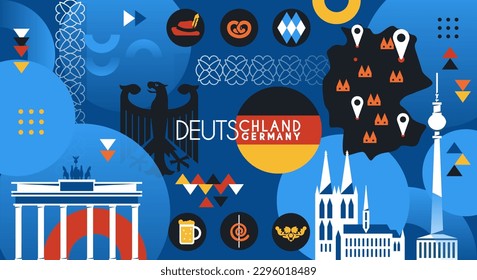 Día Nacional de Alemania. Bandera y símbolos nacionales, puntos de referencia del estado y la cultura. Salchichas, cerveza y escudo de armas. Banner retro del Día de la Deutschland. Diseño de portada. Dibujo vectorial plano de dibujos animados