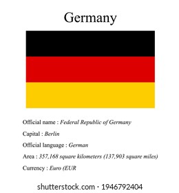 Germany national flag, country's official name, country area size, official language, capital and currency.