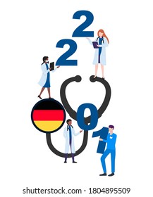 Germany national flag on a stethoscope with doctors and year 2021 on a white background. Postcard on the topic of fighting the epidemic. Health workers in the new year.