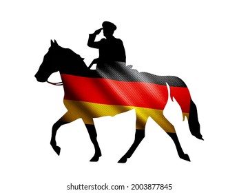 Germany national flag pinned on stallion horse and officer silhouette