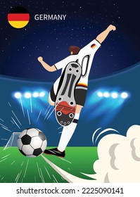 Selección Nacional De Fútbol De Alemania. Jugador de fútbol alemán disparando y pateando a la pelota. Jugador de fútbol en el campo de fútbol o en el campo de fútbol. Ilustración vectorial.