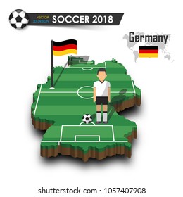 Germany national soccer team . Football player and flag on 3d design country map . isolated background . Vector for international world championship tournament 2018 concept .