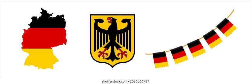 Germany national symbols includes map, coat of arms and decorative flags isolated on white bacckground.