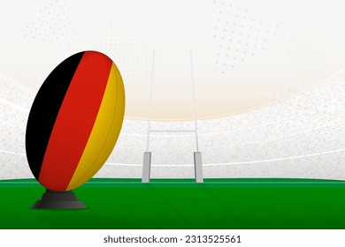 Deutschland Nationalmannschaft Rugby-Ball auf Rugby-Stadion und Tore, Vorbereitung auf eine Strafe oder freien Kick. Vektorgrafik.