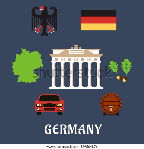 Germany national and travel flat icons with map,\
flag, black eagle emblem, oak branches, wooden barrel of beer, car\
and Brandenburg gates