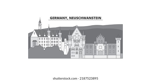 Germany, Neuschwanstein city skyline isolated vector illustration, icons