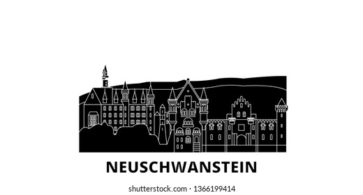 Germany, Neuschwanstein flat travel skyline set. Germany, Neuschwanstein black city vector illustration, symbol, travel sights, landmarks.