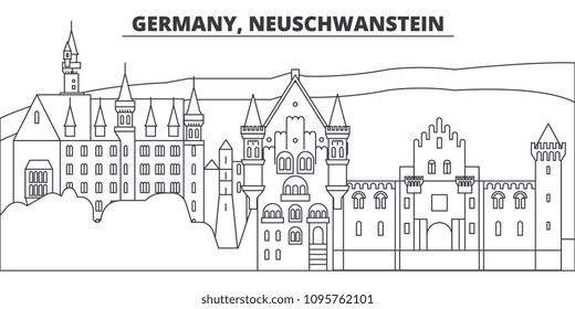 Germany, Neuschwanstein line skyline vector illustration. Germany, Neuschwanstein linear cityscape with famous landmarks, city sights, vector landscape. 