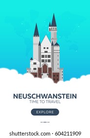 Germany. Neuschwanstein. Time to travel. Travel poster Vector flat illustration