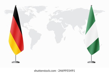 Germany and Nigeria flags for official meeting against background of world map.