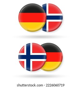 Germany and Norway circle flags. 3d icon. Round German and Norwegian national symbols. Vector illustration.