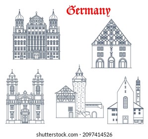 Germany, Nuremberg and Augsburg architecture buildings, vector travel landmarks of Bavaria. St Egidienkirche of Nurnberg, Augsburg Rathaus town hall, Moritzkirche or Saint Maurice church and Mauthalle