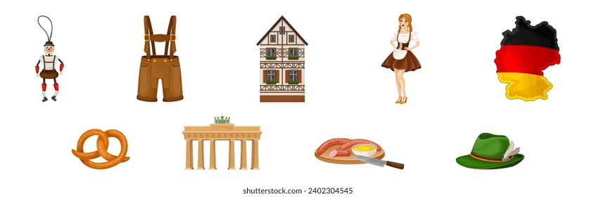 Germany Object and Symbol with Lederhosen, Woman in Dress, House and Food Vector Set