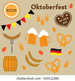 Germany oktoberfest elements. Vector illustration. Text in German on gingerbread: "I love you"