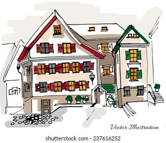 Germany, old town architecture, vintage engraved illustration. Houses with shutters. Hand drawn sketch.