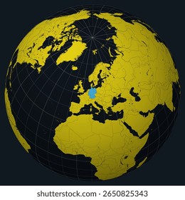 Germany on Globe. Country view on the world map in Charcoal Bright Yellow color palette. Germany shape on map. Globe with meridians, parallels, countries, rivers and lakes.