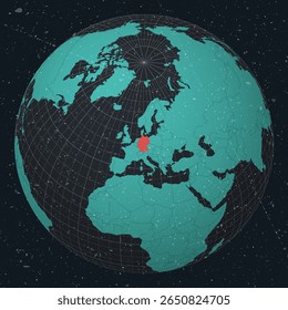Germany on Globe. Vintage look with grunge scratched texture. Country view on world map in Dark Charcoal Turquoise color palette. Germany shape on map. Globe with meridians and parallels.