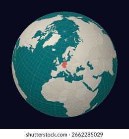 Germany on the map. Globe centered to Germany. Country location on the world map. Teal Pale Mint color palette. Globe with countries, meridians and parallels. Appealing vector illustration.