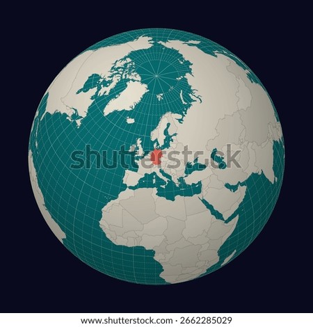 Germany on the map. Globe centered to Germany. Country location on the world map. Teal Pale Mint color palette. Globe with countries, meridians and parallels. Appealing vector illustration.