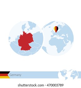 Germany on world globe with flag and regional map of Germany. Vector Illustration.
