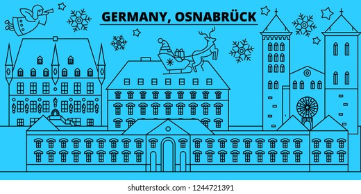 Germany, Osnabruck winter holidays skyline. Merry Christmas, Happy New Year decorated banner with Santa Claus.Flat, outline vector.Germany, Osnabruck linear christmas city illustration