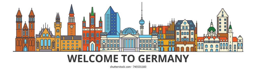 Germany outline skyline, german flat thin line icons, landmarks, illustrations. Germany cityscape, german travel city vector banner. Urban silhouette