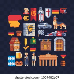 Germany. Pixel art 80s style icons.  German jornely travel landmark. Symbols country. Stickers design. Isolated vector illustration. 