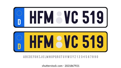 Germany plate template set with font isolated on transparent background. United Kindom car plate registration number. Vector 10 eps