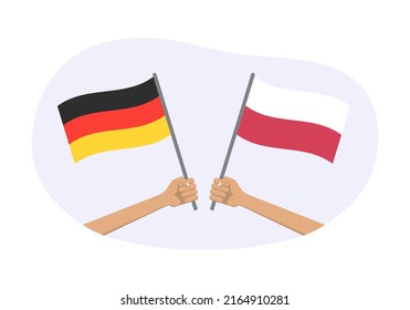 Germany and Poland flags. Polish and German national symbols. Hand holding waving flag. Vector illustration.