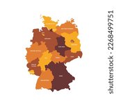 Germany political map of administrative divisions - federal states. Flat vector map with name labels. Brown - orange color scheme.