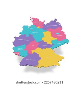 Germany political map of administrative divisions - federal states. 3D colorful vector map with name labels.