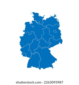 Mapa político alemán de divisiones administrativas - estados federales. Mapa vectorial en blanco sólido azul con bordes blancos.