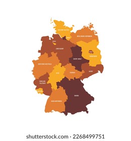 Deutschland politische Landkarte der Verwaltungseinheiten - Bundesländer. Flache Vektorkarte mit Namensschildern. Braun - orangefarbenes Schema.