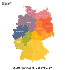 Germany political map of administrative divisions - federal states. Colorful spectrum political map with labels and country name.