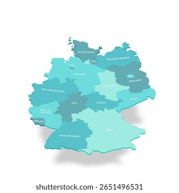 Mapa político das divisões administrativas da Alemanha - estados federais. Mapa de vetor turquesa 3D com rótulos de nome.