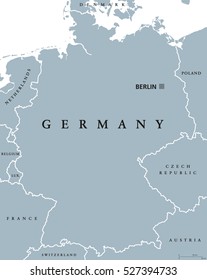 Germany political map with capital Berlin, national borders and neighbor countries. Gray illustration with English labeling and scaling on white background. Vector.