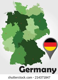 Germany political map with green shades and map pointer.