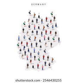 Bevölkerungskarte Deutschland. Große Gruppe von realistischen eine vielfältige Menschenmenge Figuren in einer Form der deutschen Karte. Flache Vektorgrafik einzeln auf Weiß.