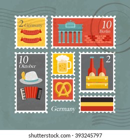 Germany Postage : Tourist Attraction in Postage Stamps Template : Vector Illustration