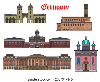 Germany Potsdam landmarks, architecture buildings and travel sightseeing, vector. Church of Peace, Alexander Newski Gedachtniskirche, Potsdam City Palace, Marble Palace and Nauen Gate in Germany