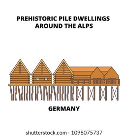 Germany, Prehistoric Pile Dwellings Around The Alps line icon concept. Germany, Prehistoric Pile Dwellings Around The Alps flat vector sign, symbol, illustration.