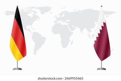 Germany and Qatar flags for official meeting against background of world map.
