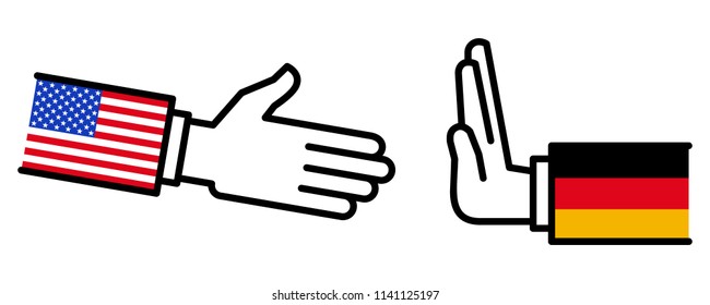 Germany refusing to shake hands with USA, dispute, negotiations, business relations, concept, line icons isolated on white background