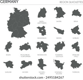 Germany region silhouettes set and blank map of the country isolated on white background. Vector illustration design