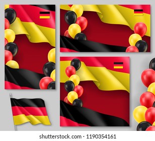 Germany republic patriotic templates with copy space. Realistic 3d flag and colorful helium balloons on red background. Decoration in national colors. Germany holiday of nation unity vector banner