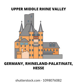 Germany, Rhineland-Palatinate, Hesse, Upper Middle Rhine Valley line icon concept. Germany, Rhineland-Palatinate, Hesse, Upper Middle Rhine Valley flat vector sign, symbol, illustration.