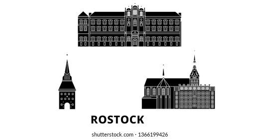 Germany, Rostock flat travel skyline set. Germany, Rostock black city vector illustration, symbol, travel sights, landmarks.