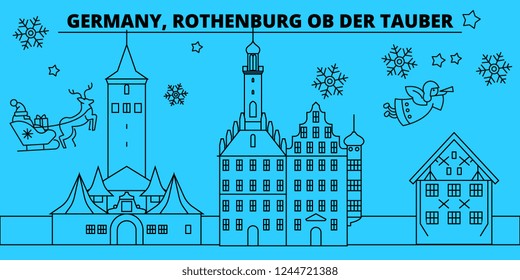 Germany, Rothenburg ob der Tauber winter holidays skyline. Merry Christmas, Happy New Year  with Santa Claus.Germany, Rothenburg ob der Tauber linear christmas city vector flat illustration