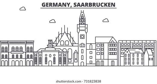 Germany, Saarbrucken architecture line skyline illustration. Linear vector cityscape with famous landmarks, city sights, design icons. Landscape wtih editable strokes