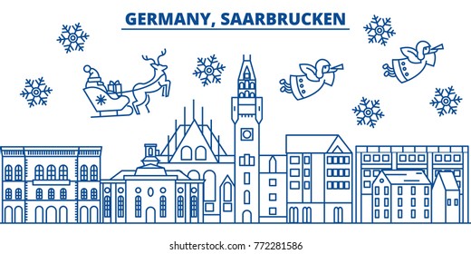 Germany, Saarbrucken winter city skyline. Merry Christmas, Happy New Year decorated banner with Santa Claus.Winter greeting line card.Flat, outline vector.Linear christmas snow illustration